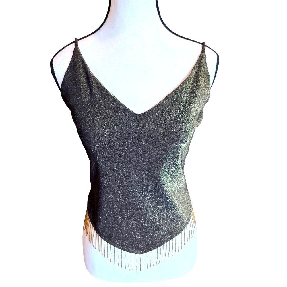VTG 90s Mirrors Black Gold Metallic Cami Top Large Beaded Fringe Handkerchief L